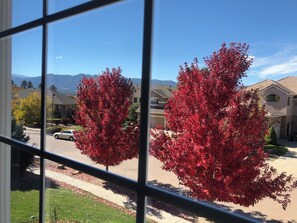 A residential area with houses, a street, and a mountain range in the background. - Family-Friendly Home with Hot Tub & Close to USAFA (Colorado Springs)