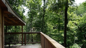 Une terrasse en bois avec une balustrade donnant sur une zone boisée.