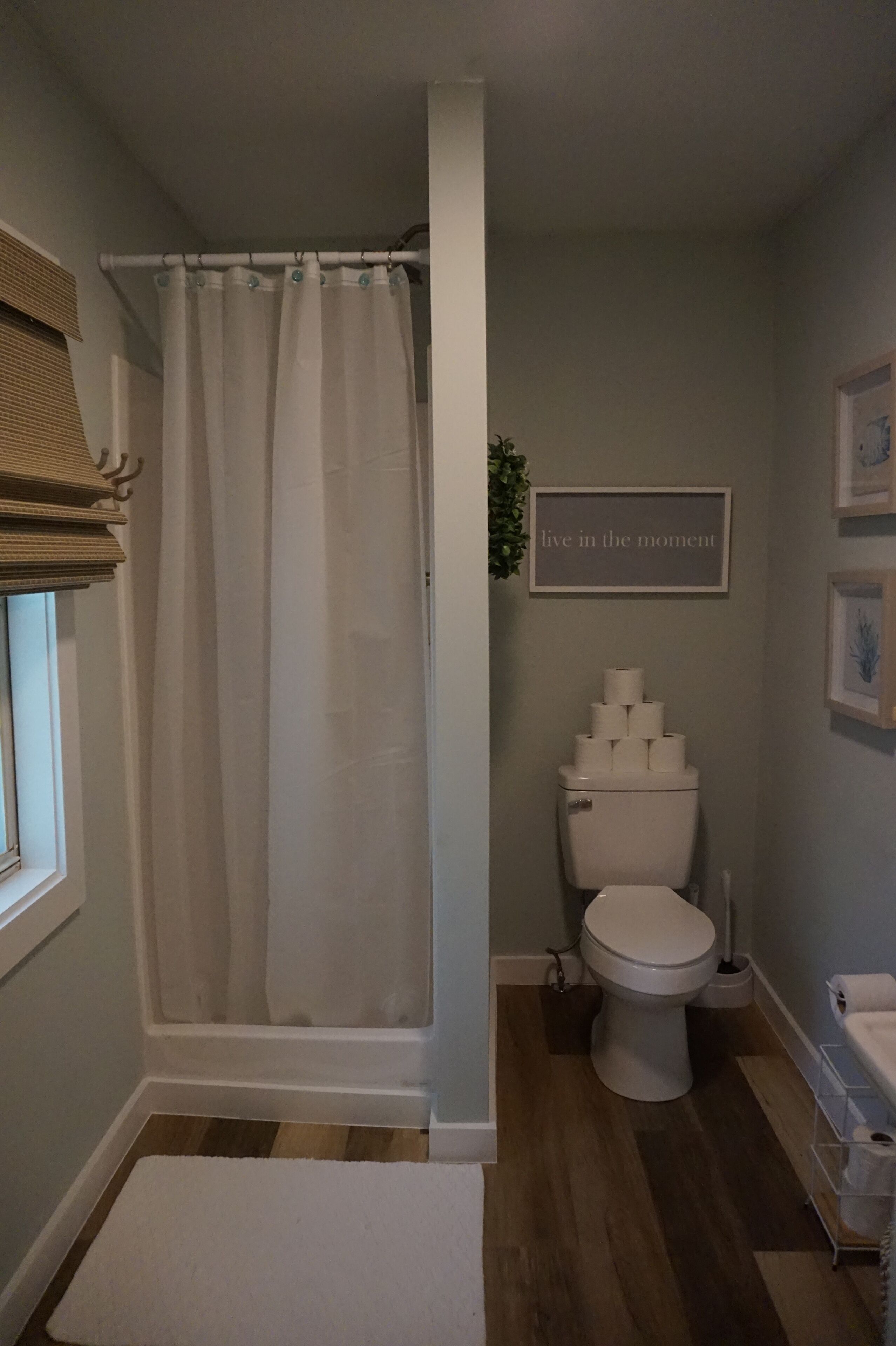 Ein Badezimmer mit Duschvorhang, Toilette und einem gerahmten Schild an der Wand.
