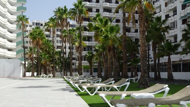 Een rij witte ligbedden op een geplaveid terras met groen kunstgras, omringd door hoge palmbomen en een meerlaags wit gebouw met balkons.