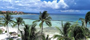 A beach with clear turquoise water, palm trees, and a distant shoreline with buildings. - PRIME Location, Gorgeous Sweeping Views, PH right on the Beach, Villas del Mar 1 (Puerto Aventuras)