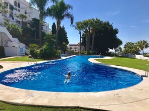 A swimming pool with a person swimming, surrounded by palm trees and a clear sky.
