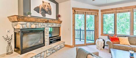 TV, fireplace, DVD player, books