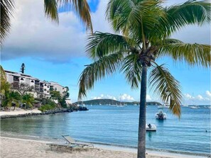 Ein Strand mit einer Palme, einer Reihe weißer Gebäude und Booten im Wasser.