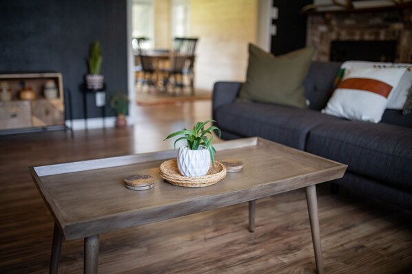 Smart TV, fireplace, books