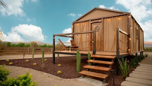 Una cabaña de madera con terraza, rodeada de cactus y plantas del desierto, bajo un cielo despejado.