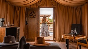 Una habitación con carpa, una cama, una mesa con vasos, una silla y una puerta que da al exterior.