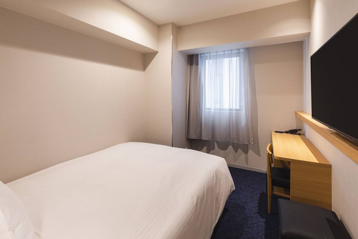 Habitación de hotel con una cama individual, un escritorio, una silla y un televisor.