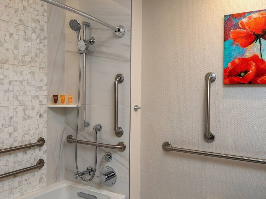 A bathroom with a shower, grab bars, a hand shower, and a painting of red flowers on the wall.