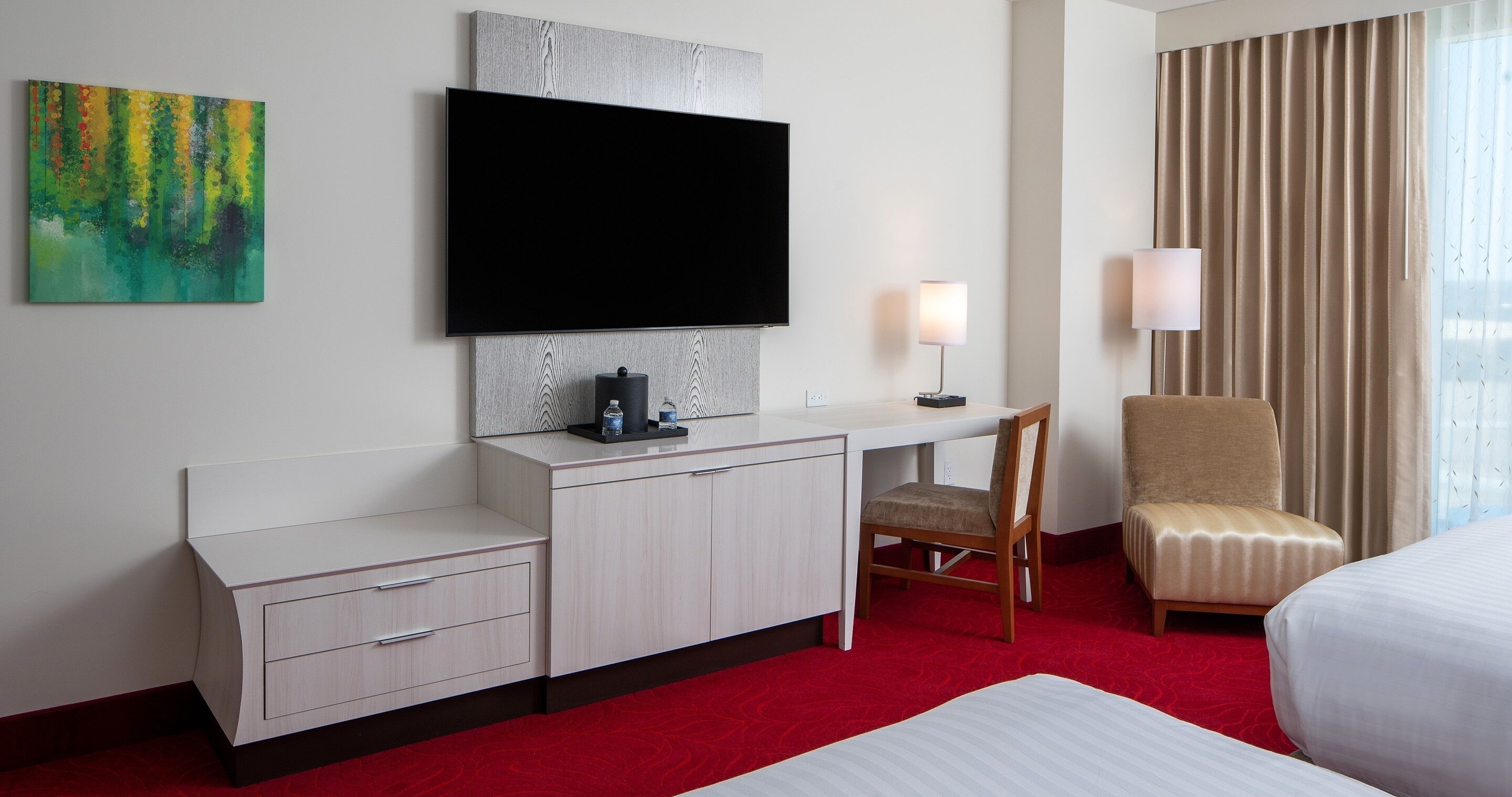 Premium bedding, pillowtop beds, desk, laptop workspace