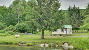A small cabin with a green roof, surrounded by lush greenery and a pond. - Quiet Country Escape: Fire Pit, Fish On-Site! (West Edmeston)