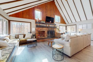 TV, fireplace, books