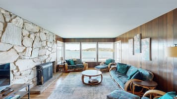 TV, fireplace, books