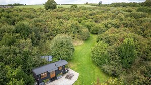 A house with a deck and outdoor seating, surrounded by dense greenery and a clear path leading to the entrance. - Hooting Owl Retreat - Luxury Cottages (Minehead)