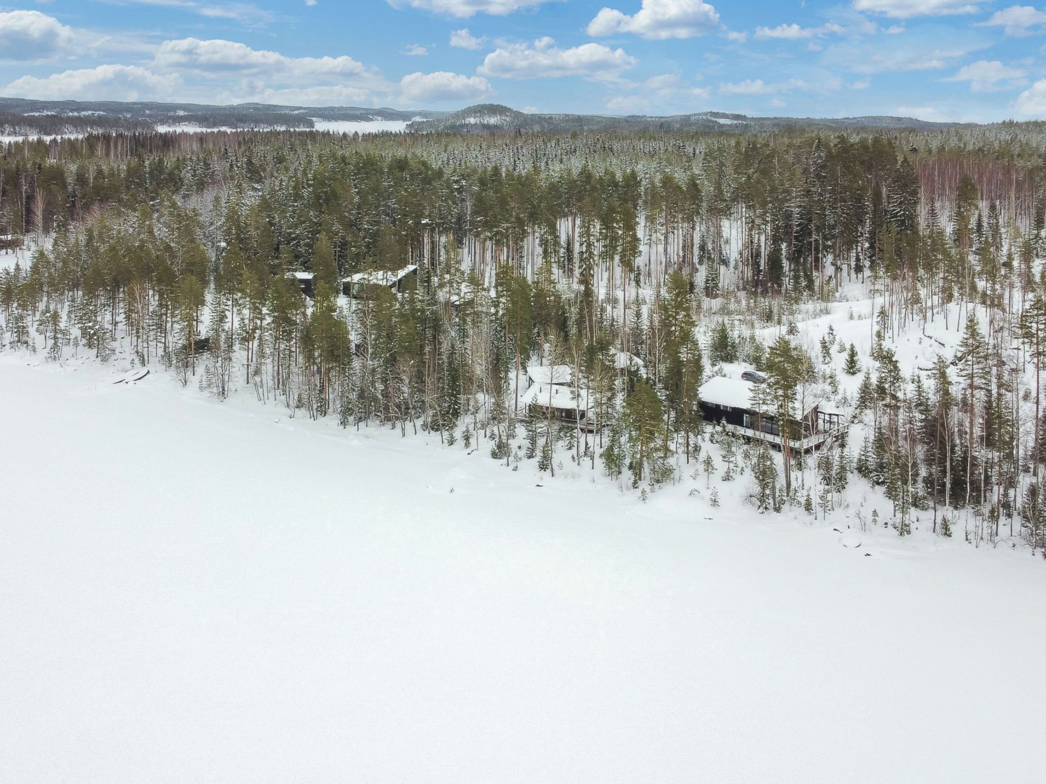 Paisatge cobert de neu amb una cabana envoltada per un bosc dens.