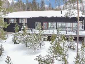 Eine moderne Holzhütte mit schwarzer Fassade, großen Fenstern und einer Terrasse, umgeben von schneebedeckten Bäumen.