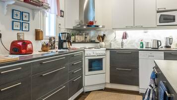 Fridge, microwave, dishwasher, cookware/dishes/utensils