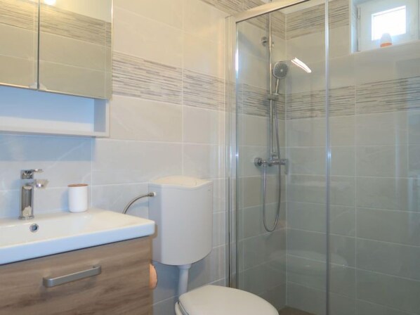 A modern bathroom with a glass shower enclosure, a white toilet, and a wooden vanity with a sink.