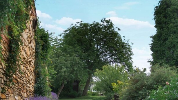 A stone wall with a narrow pathway leading to a house. - Vacation home Libel by Interhome (Libel)