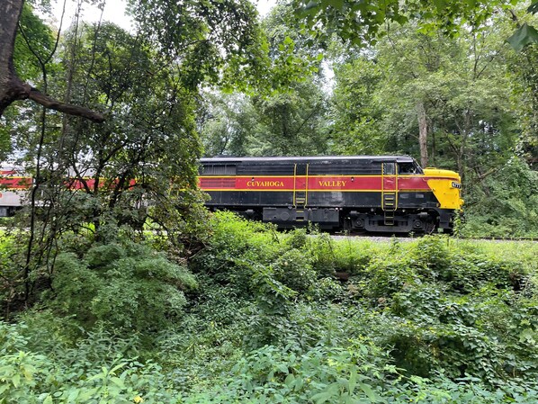 A train with 'CUYAHOGA VALLEY' and the number '6777' on its side, moving through a forested area. - Historic Downtown Hudson Home (Hudson)