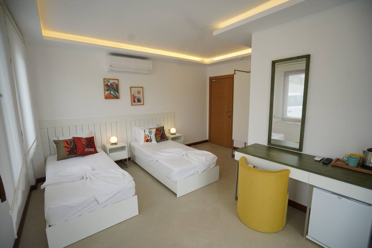 Une chambre d’hôtel avec deux lits, un bureau, un miroir, une poubelle et une porte.