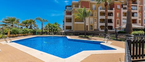 A swimming pool surrounded by a brick deck, with palm trees and a multi-story building in the background.