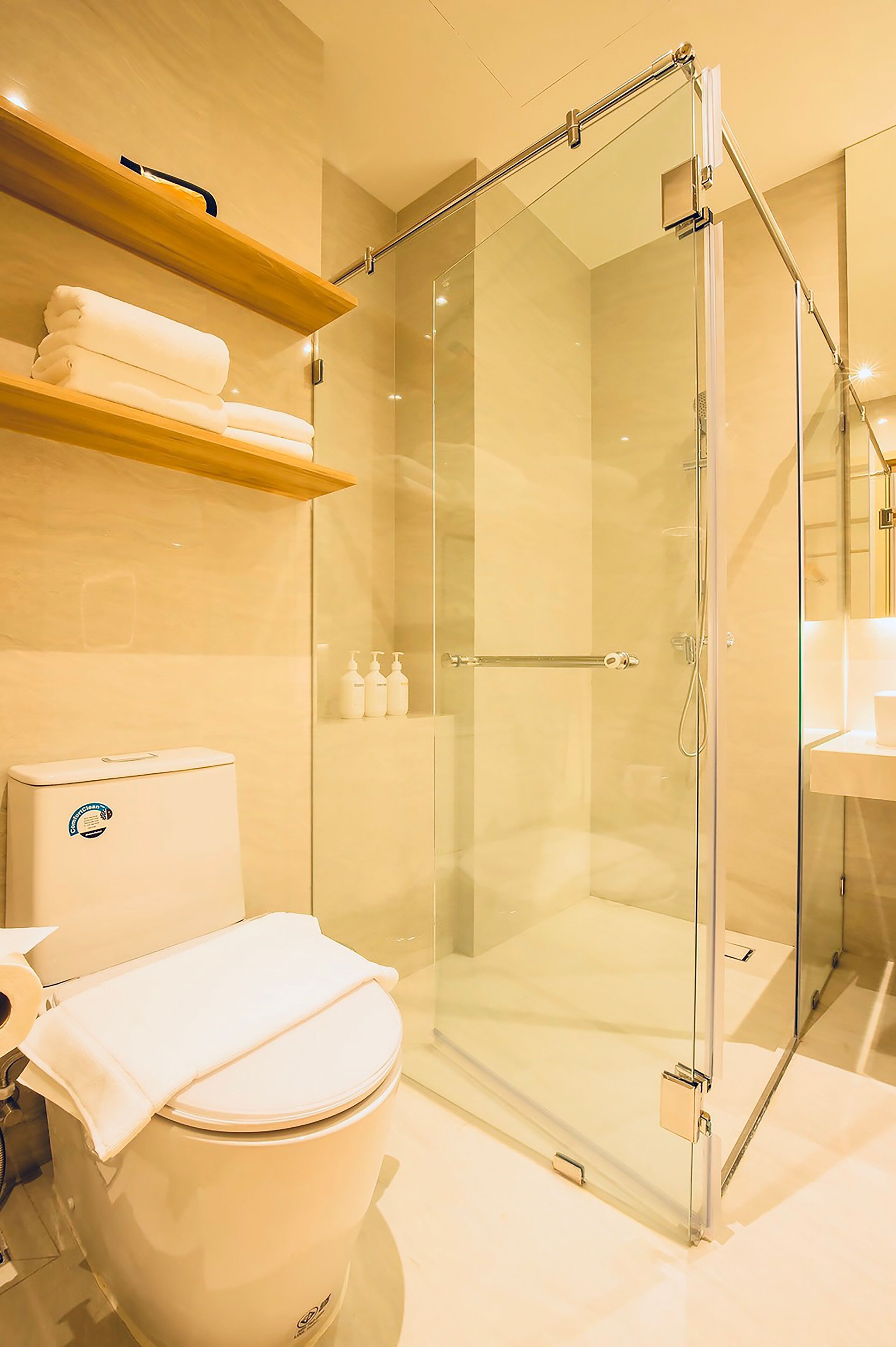 A modern bathroom with a glass-enclosed shower, a toilet, and a shelf with folded towels.