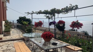 Een terras met een glazen tafel en bankjes, omringd door plantenpotten en uitzicht op zee.