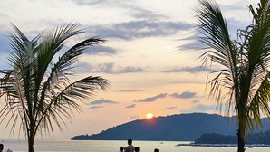 A sunset view with palm trees and a body of water.