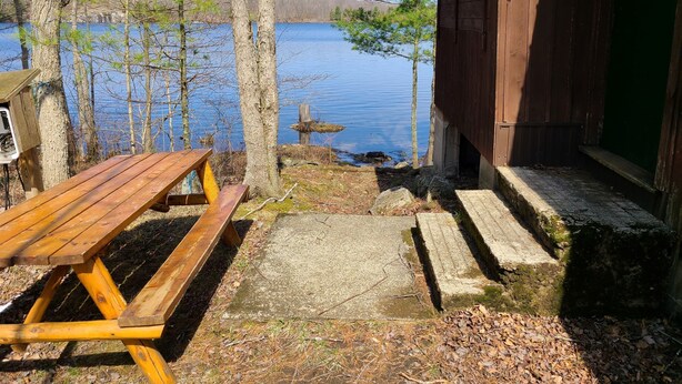 Eine Holzbank und ein Picknicktisch am See, im Hintergrund eine Holzhütte.