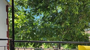Un balcón con vista a un jardín, un banco de madera y una silla amarilla.