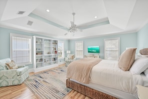 Une chambre à coucher comprenant un lit, un téléviseur, une bibliothèque et un ventilateur de plafond.