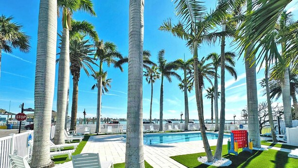 Un área junto a la piscina con palmeras, sillas de descanso y una pileta.
