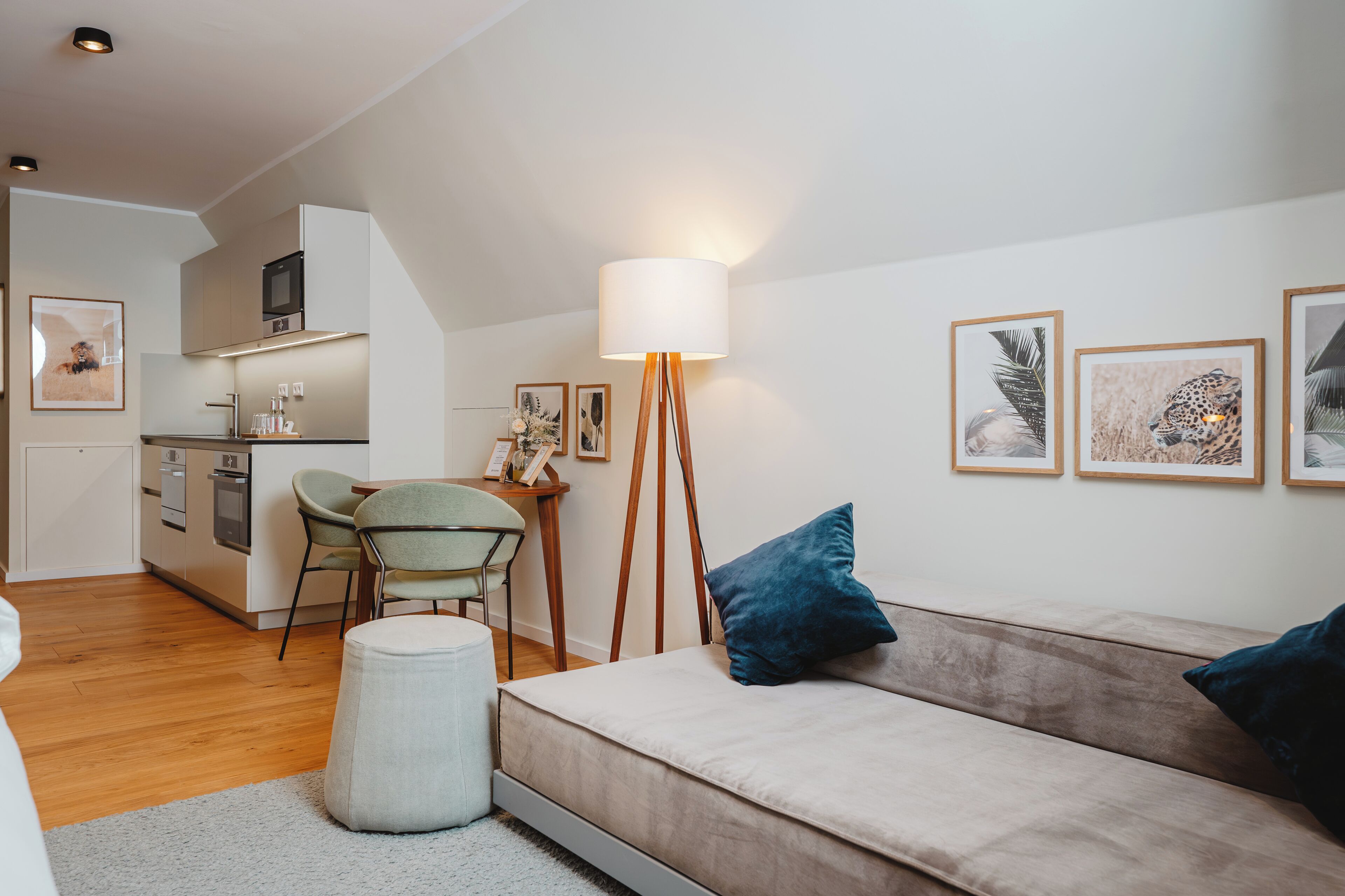 A modern living room with a sofa, a dining area with chairs, a small kitchen, and a floor lamp.