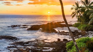 Un atardecer sobre una costa rocosa con palmeras.