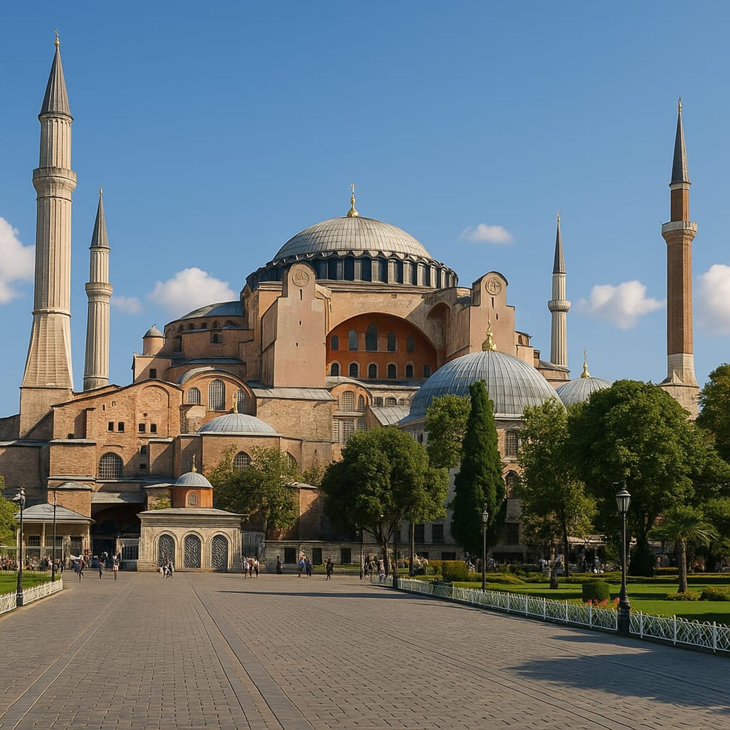 Une grande mosquée dotée de plusieurs dômes et de plusieurs minarets, une cour spacieuse et un ciel d’un bleu éclatant.