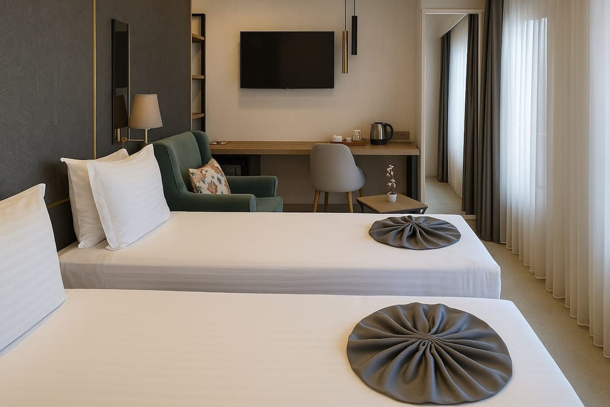 Quarto duplo superior | 1 quarto, roupas de cama premium, frigobar, cofres nos quartos