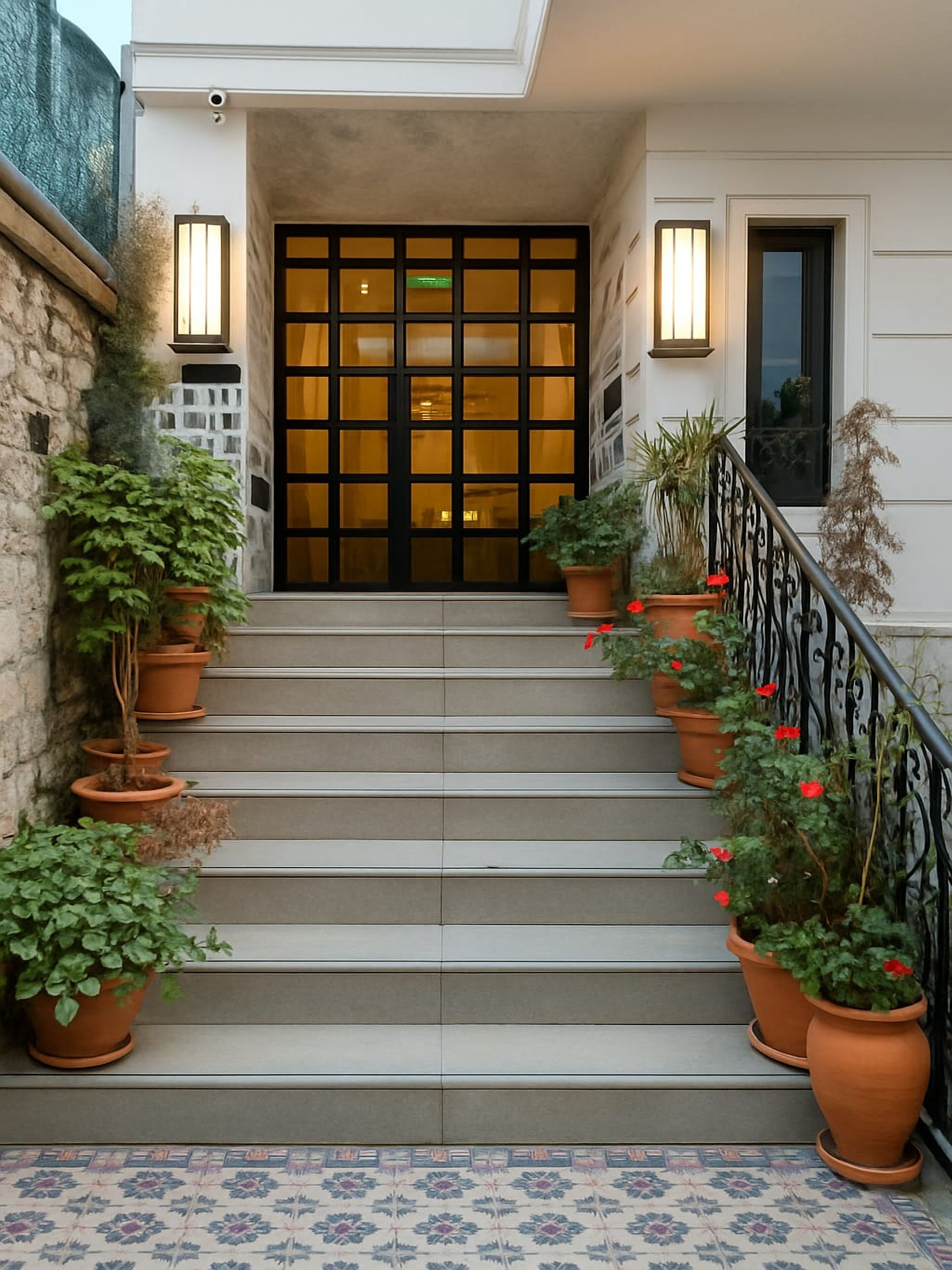 A set of outdoor stairs leading to a building entrance with a large glass door, flanked by potted plants and outdoor lighting.