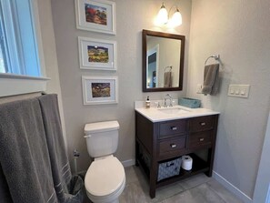 Shower, hair dryer, towels