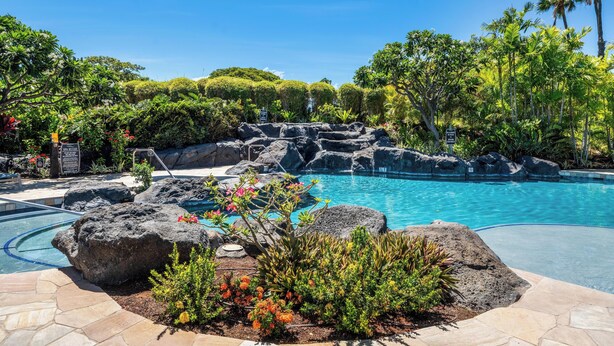 A pool surrounded by rocks and tropical plants.