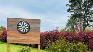 A dartboard mounted on a wooden board in a grassy area with bushes and trees in the background. - Maison Familiale " L'abbé Garo " (Port-en-Bessin-Huppain)