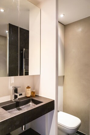 Shower, hair dryer, towels, shampoo