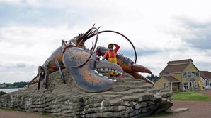 A large lobster sculpture on a rock with a building in the background. - Gaudet Chalets & Motel (Shediac)