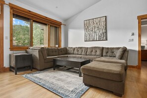 Fernseher, Kamin, Bücher, Stereoanlage