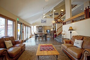 TV, fireplace, books, stereo