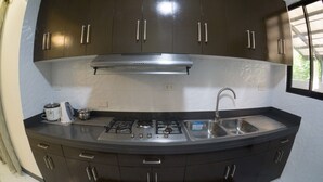 Une cuisine de taille réduite, dotée de meubles de rangement sombres, d’un évier en acier inoxydable et d’une cuisinière à gaz.