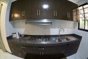 Fridge, microwave, stovetop, electric kettle