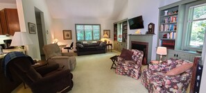 Smart TV, chimenea y libros 