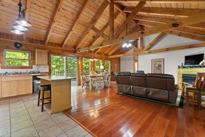 Televisión, chimenea, reproductor de DVD y futbolito 