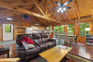 TV, fireplace, DVD player, table football - Log Home with fenced in deck & screen porch, cosmopolitan style ranch design. (Zoe)